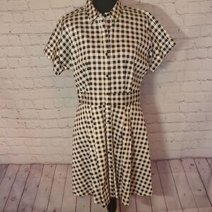 Black White Checked A line Dress Size 8 Trad Wife Short Sleeve Button Front CeCe